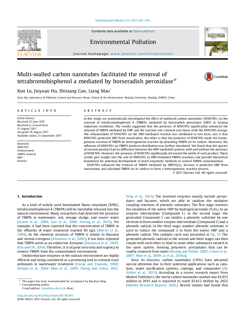 Multi-walled carbon nanotubes facilitated the removal of tetrabromobisphenol a mediated by horseradish peroxidase