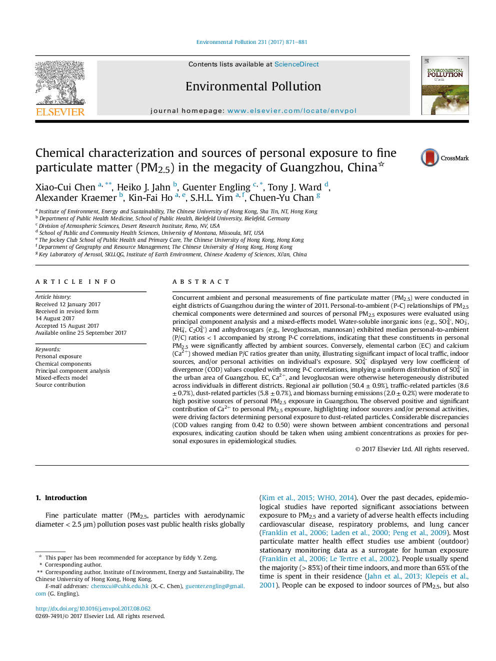 Chemical characterization and sources of personal exposure to fine particulate matter (PM2.5) in the megacity of Guangzhou, China