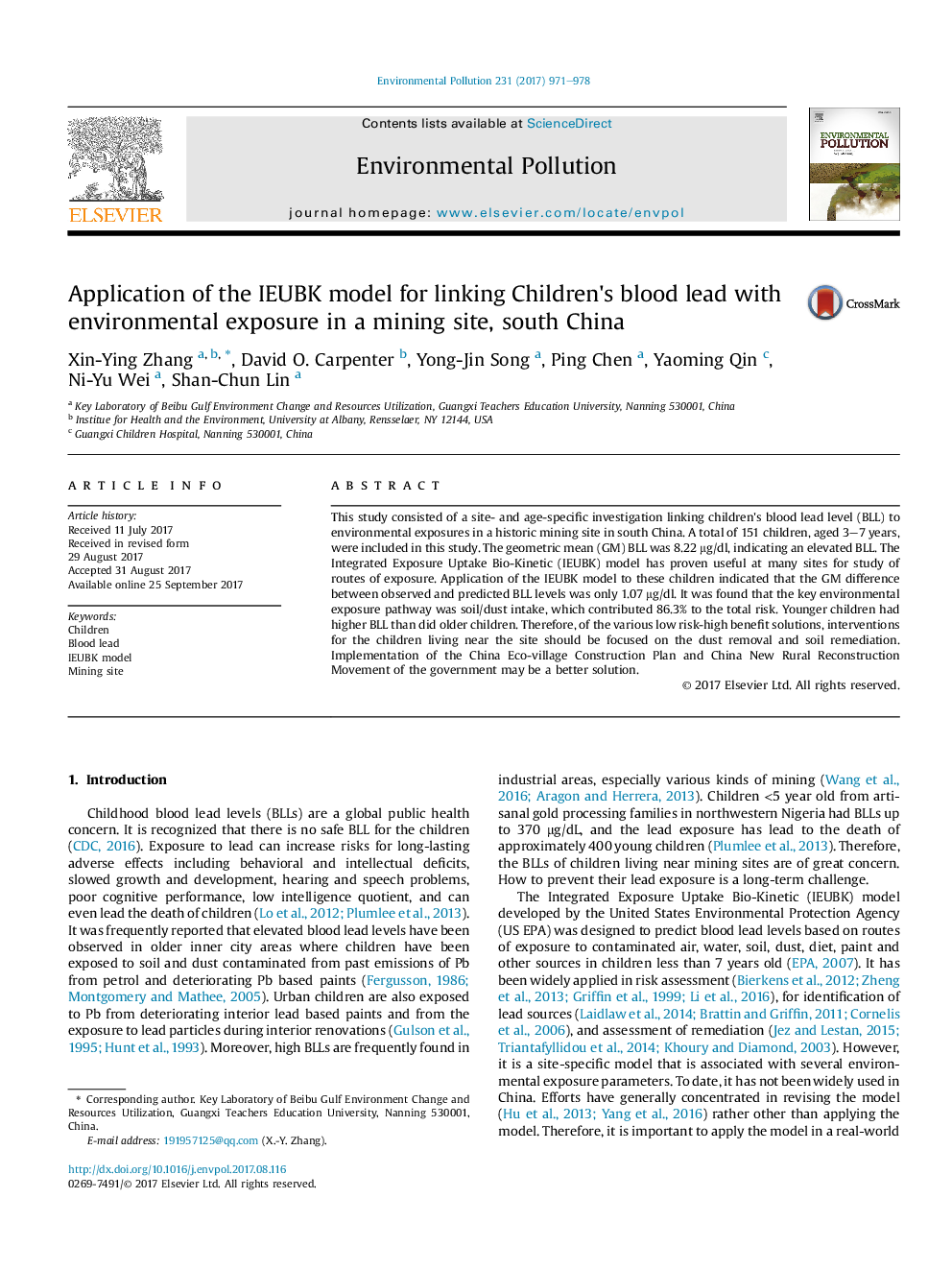 Application of the IEUBK model for linking Children's blood lead with environmental exposure in a mining site, south China