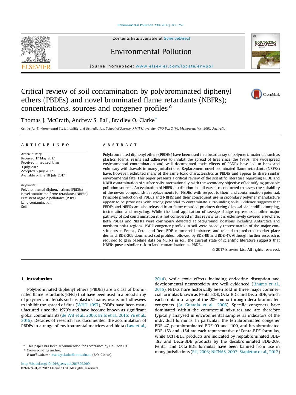 Critical review of soil contamination by polybrominated diphenyl ethers (PBDEs) and novel brominated flame retardants (NBFRs); concentrations, sources and congener profiles