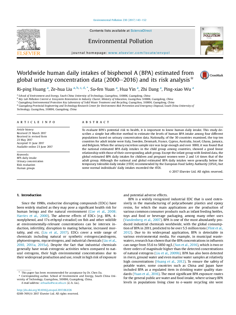 عکس صفحه اول مقاله: Worldwide human daily intakes of bisphenol A (BPA) estimated from global urinary concentration data (2000-2016) and its risk analysis Worldwide human daily intakes of bisphenol A (BPA) estimated from global urinary concentration data (2000-2016) and its risk analysis