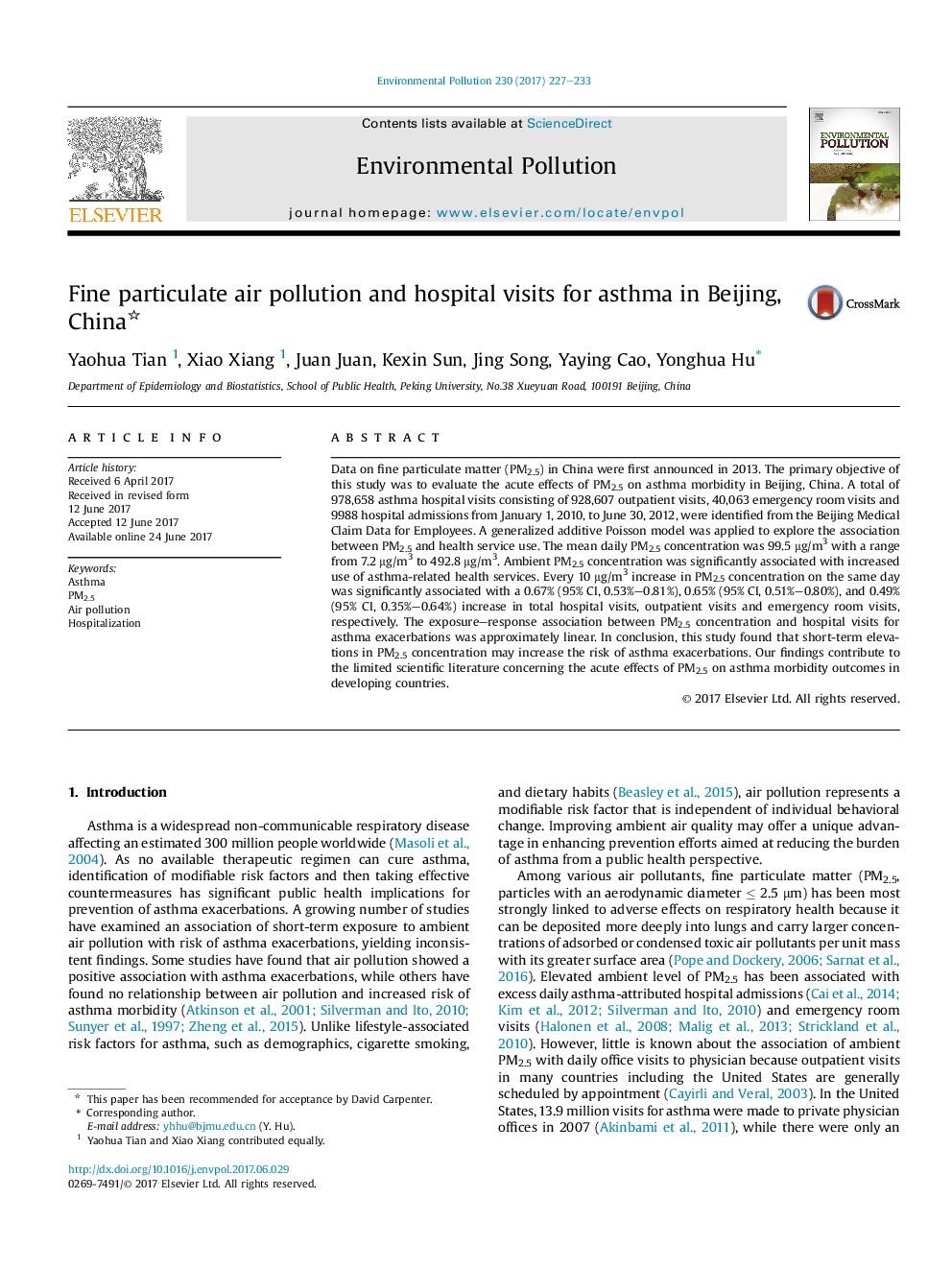 Fine particulate air pollution and hospital visits for asthma in Beijing, China