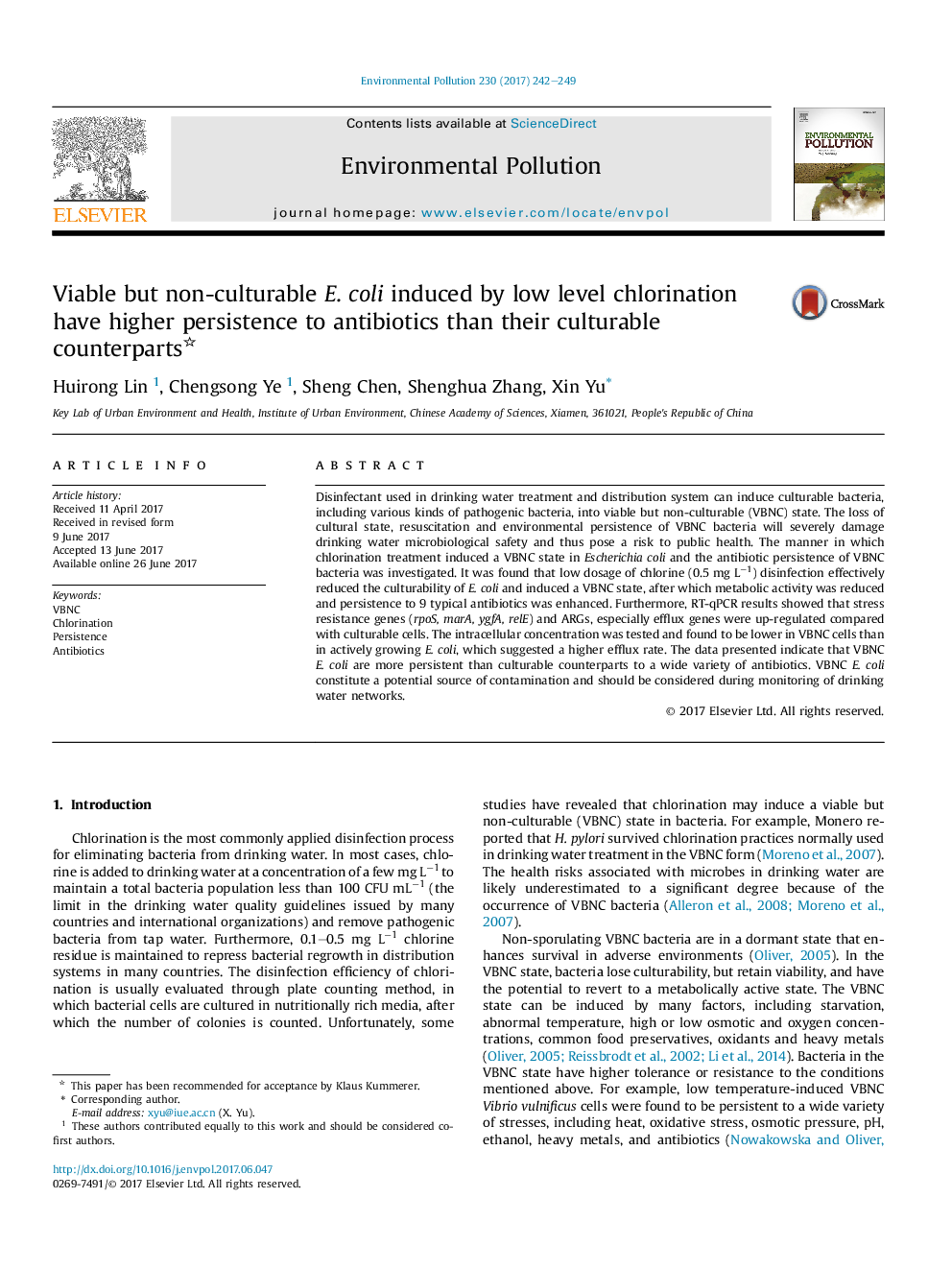 Viable but non-culturable E.Â coli induced by low level chlorination have higher persistence to antibiotics than their culturable counterparts