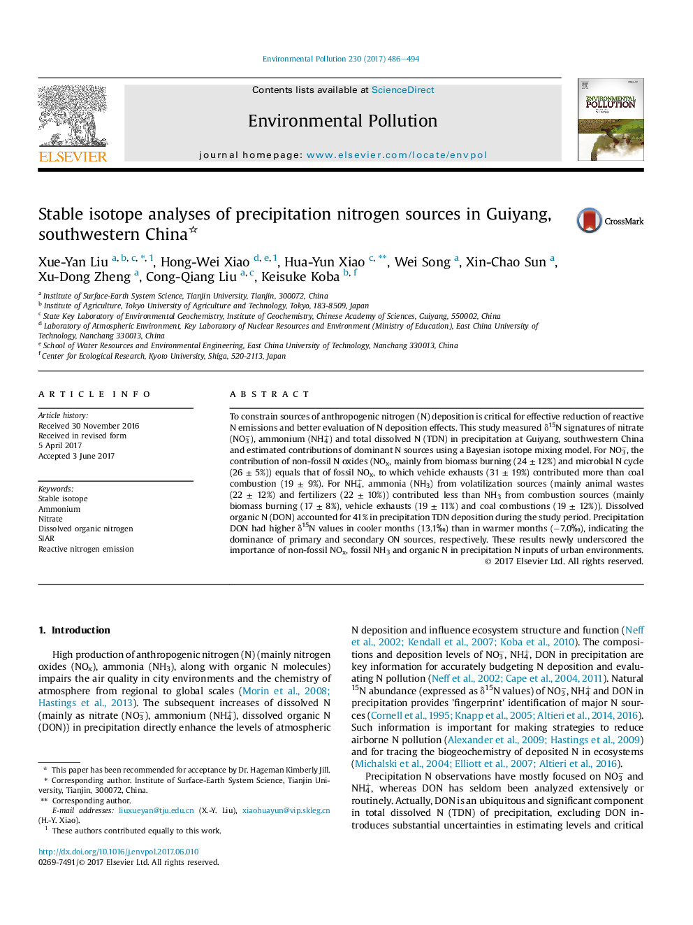 عکس صفحه اول مقاله: Stable isotope analyses of precipitation nitrogen sources in Guiyang, southwestern China Stable isotope analyses of precipitation nitrogen sources in Guiyang, southwestern China