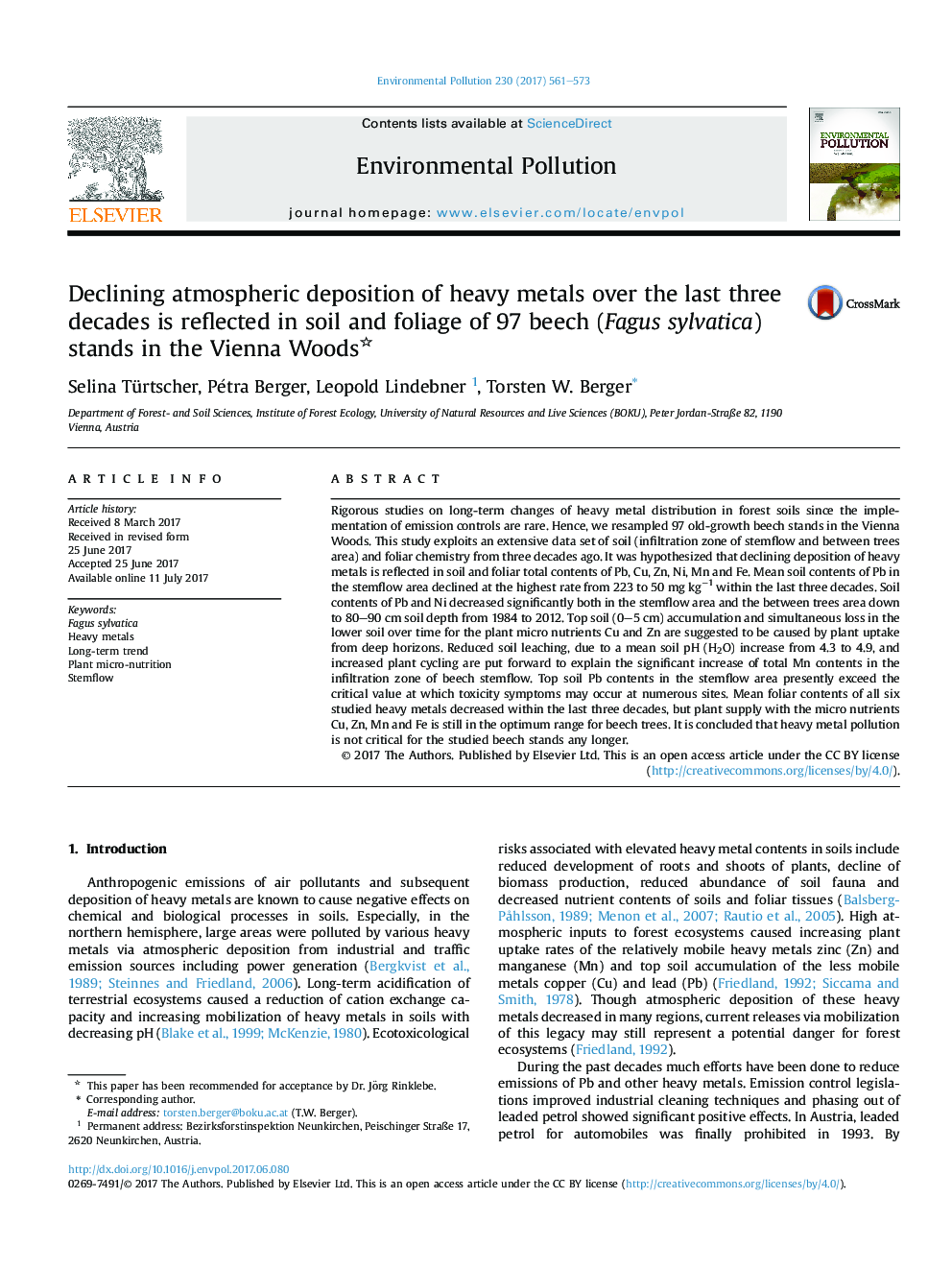 Declining atmospheric deposition of heavy metals over the last three decades is reflected in soil and foliage of 97 beech (Fagus sylvatica) stands in the Vienna Woods