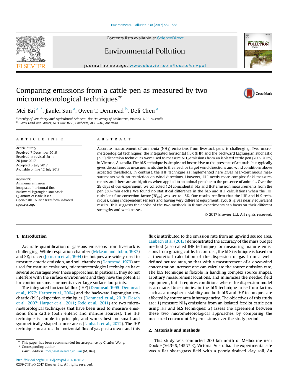 Comparing emissions from a cattle pen as measured by two micrometeorological techniques