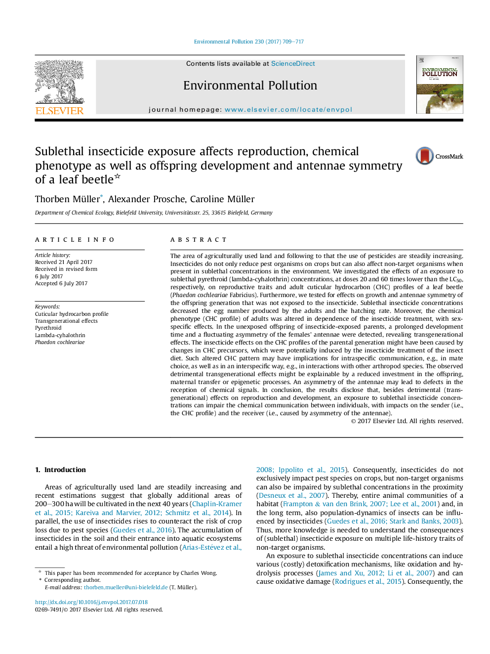 Sublethal insecticide exposure affects reproduction, chemical phenotype as well as offspring development and antennae symmetry of a leaf beetle