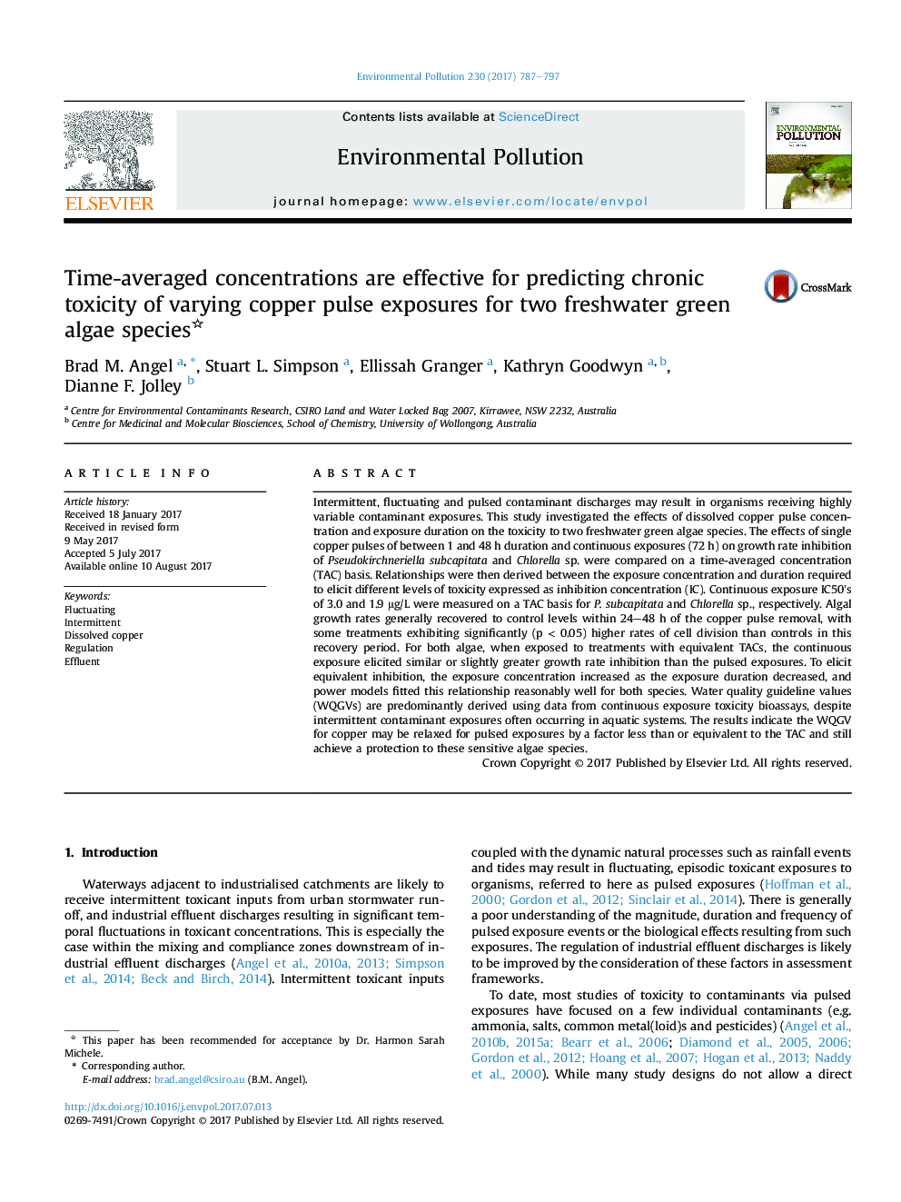 Time-averaged concentrations are effective for predicting chronic toxicity of varying copper pulse exposures for two freshwater green algae species