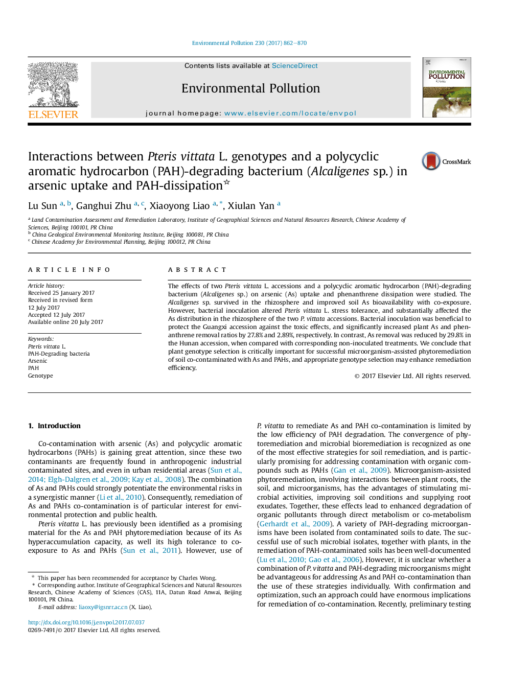 Interactions between Pteris vittata L. genotypes and a polycyclic aromatic hydrocarbon (PAH)-degrading bacterium (Alcaligenes sp.) in arsenic uptake and PAH-dissipation