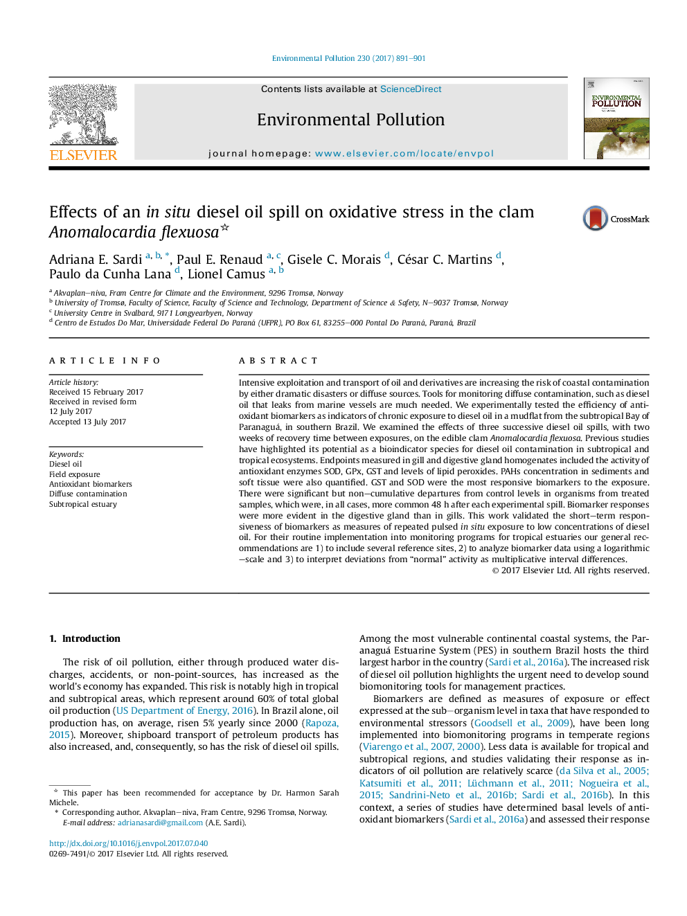 عکس صفحه اول مقاله: Effects of an in situ diesel oil spill on oxidative stress in the clam Anomalocardia flexuosa Effects of an in situ diesel oil spill on oxidative stress in the clam Anomalocardia flexuosa