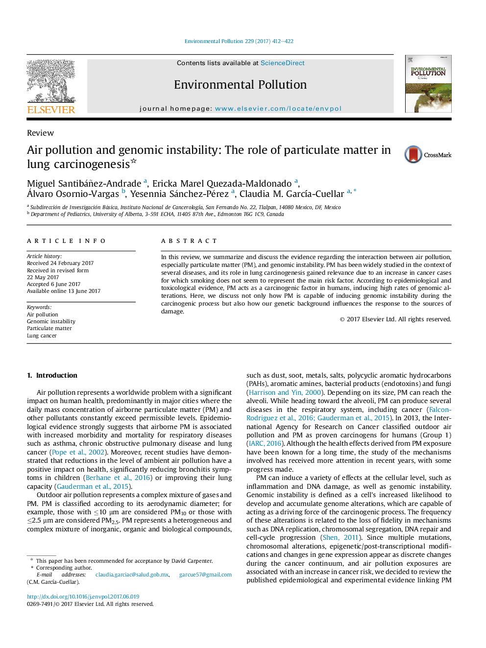 ReviewAir pollution and genomic instability: The role of particulate matter in lung carcinogenesis