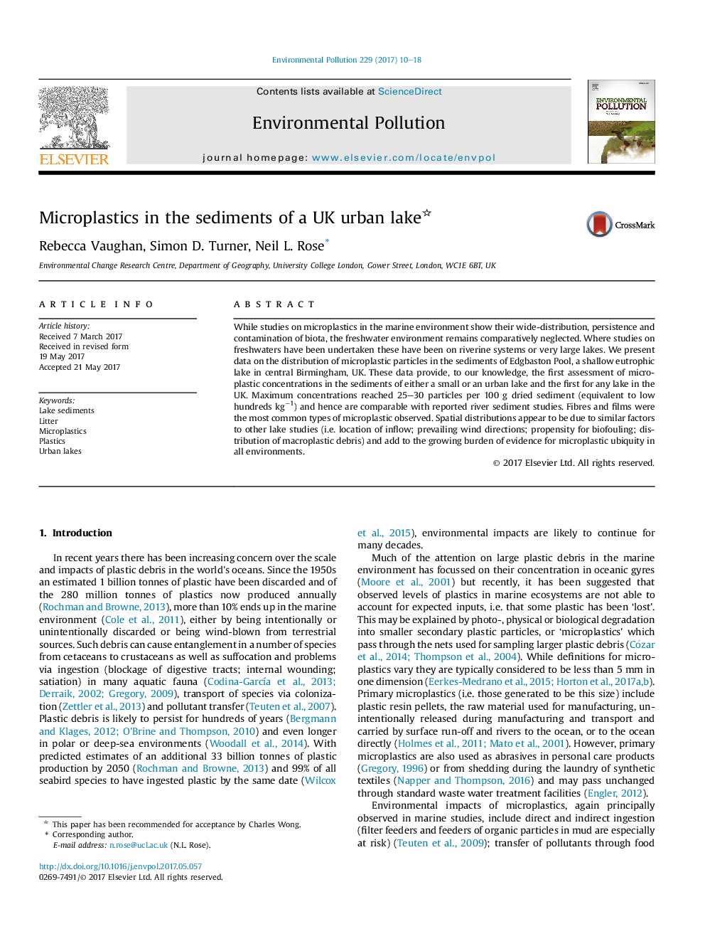 عکس صفحه اول مقاله: Microplastics in the sediments of a UK urban lake Microplastics in the sediments of a UK urban lake