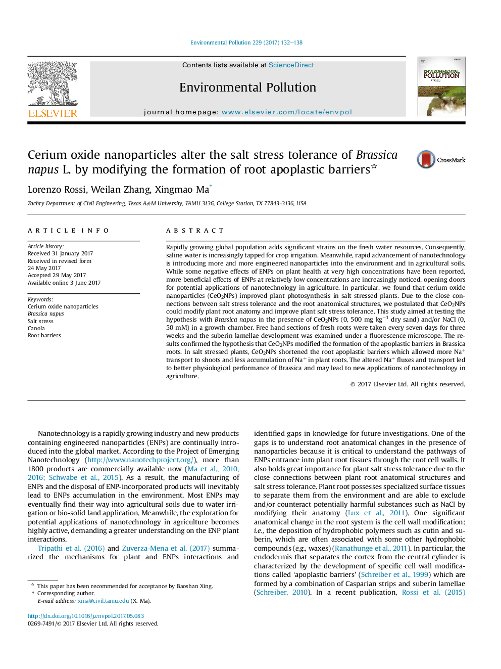 Cerium oxide nanoparticles alter the salt stress tolerance of Brassica napus L. by modifying the formation of root apoplastic barriers