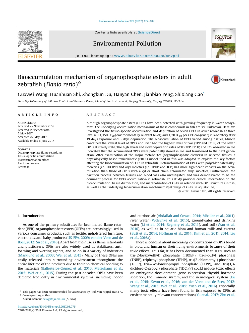 Bioaccumulation mechanism of organophosphate esters in adult zebrafish (Danio rerio)