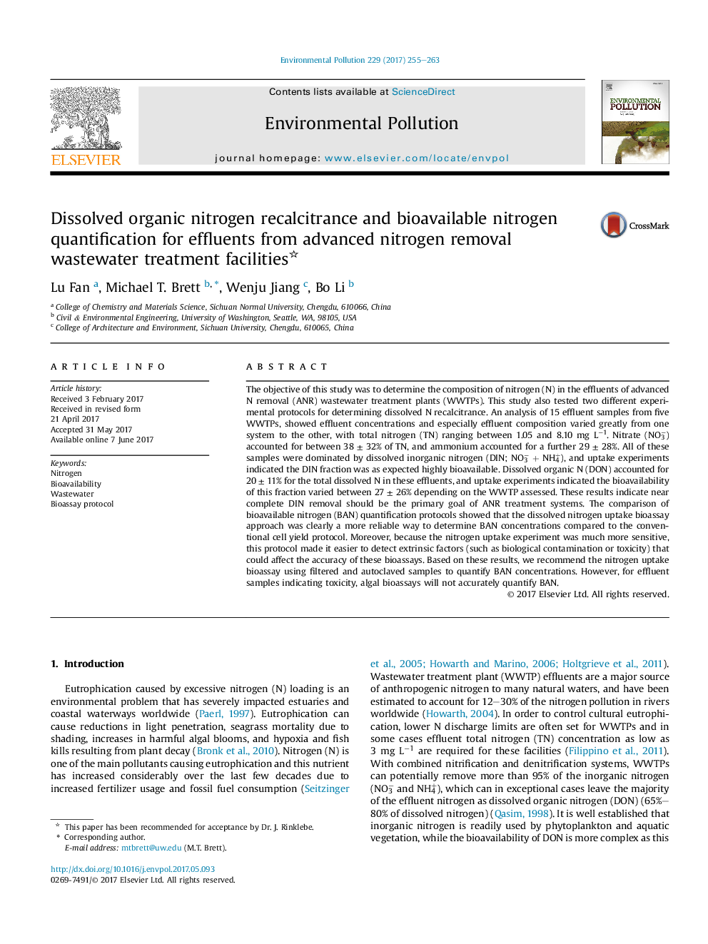 Dissolved organic nitrogen recalcitrance and bioavailable nitrogen quantification for effluents from advanced nitrogen removal wastewater treatment facilities