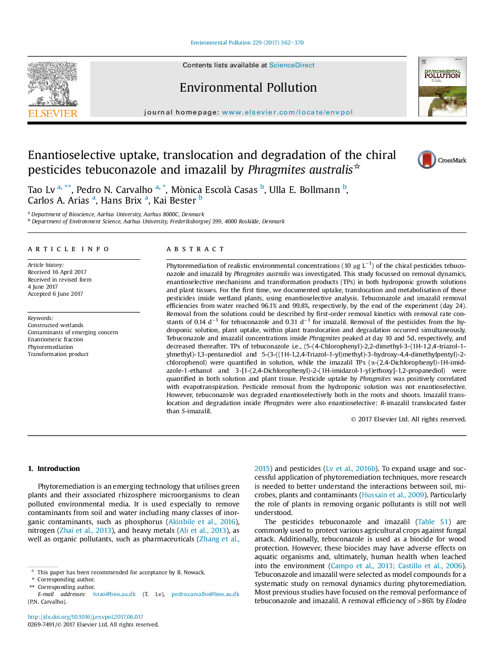 Enantioselective uptake, translocation and degradation of the chiral pesticides tebuconazole and imazalil by Phragmites australis