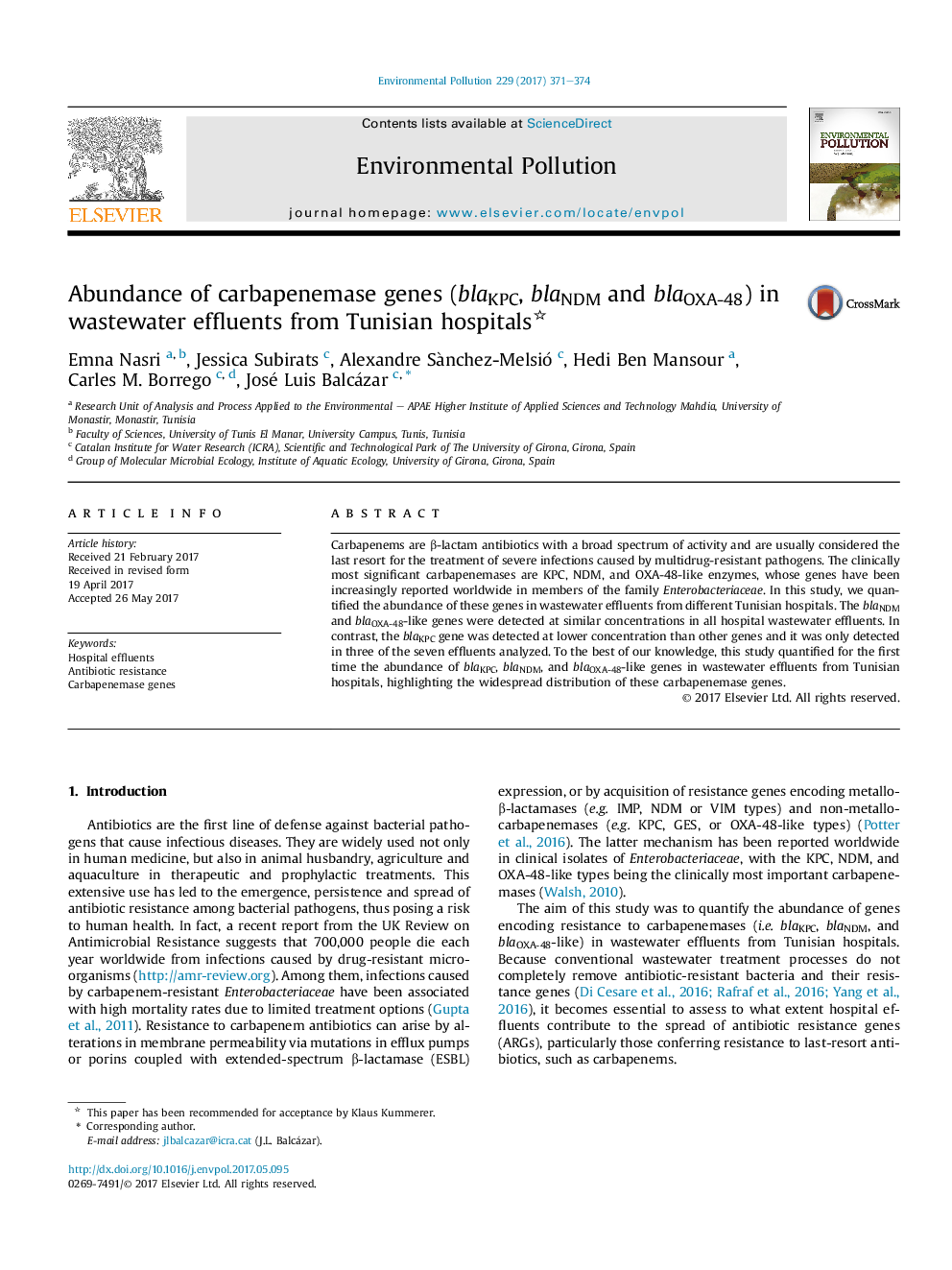 Abundance of carbapenemase genes (blaKPC, blaNDM and blaOXA-48) in wastewater effluents from Tunisian hospitals