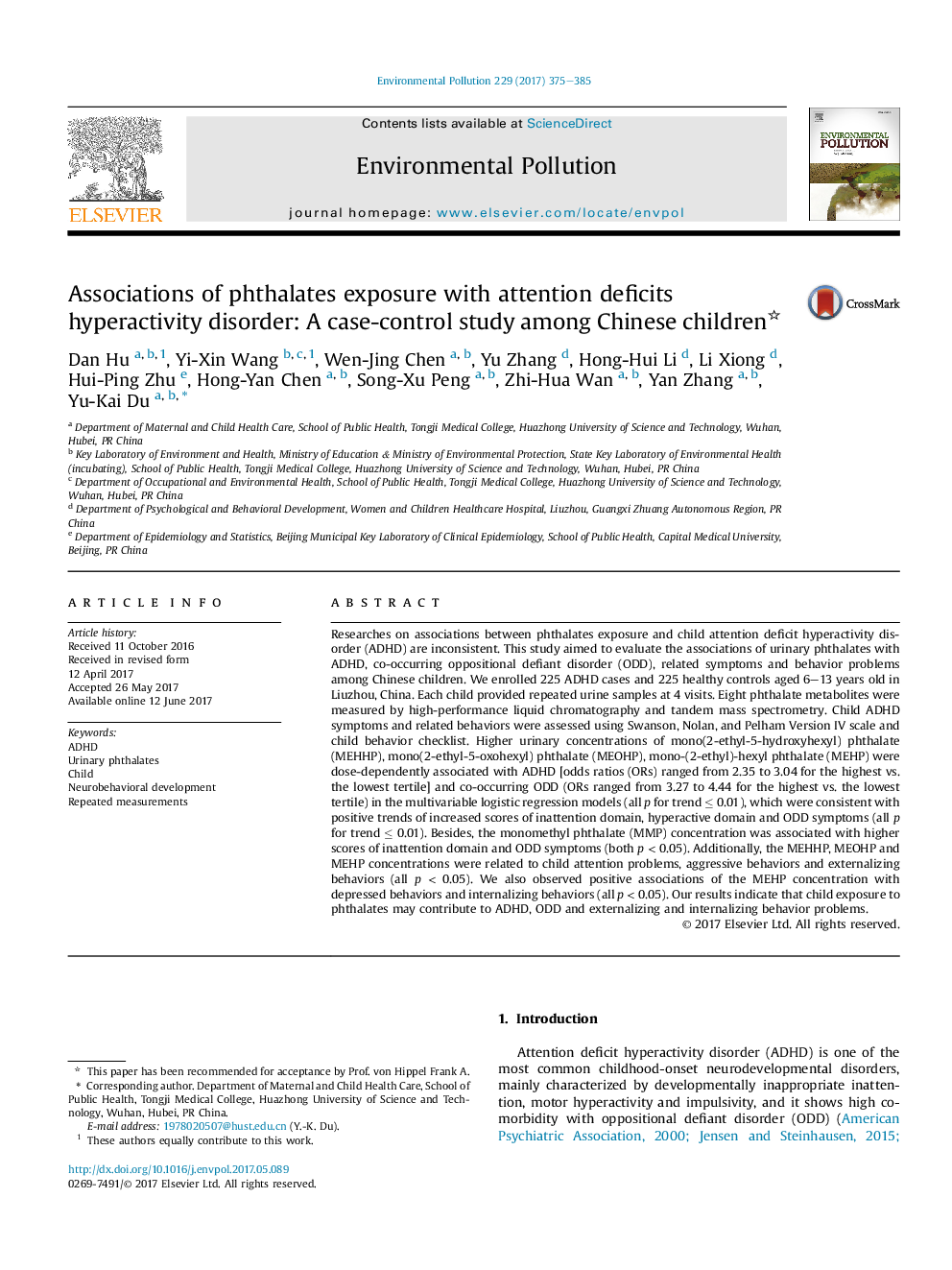 عکس صفحه اول مقاله: Associations of phthalates exposure with attention deficits hyperactivity disorder: A case-control study among Chinese children Associations of phthalates exposure with attention deficits hyperactivity disorder: A case-control study among Chinese children