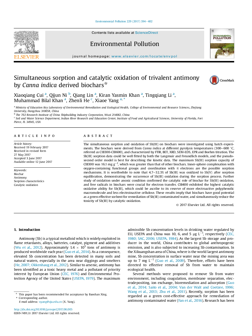 Simultaneous sorption and catalytic oxidation of trivalent antimony by Canna indica derived biochars