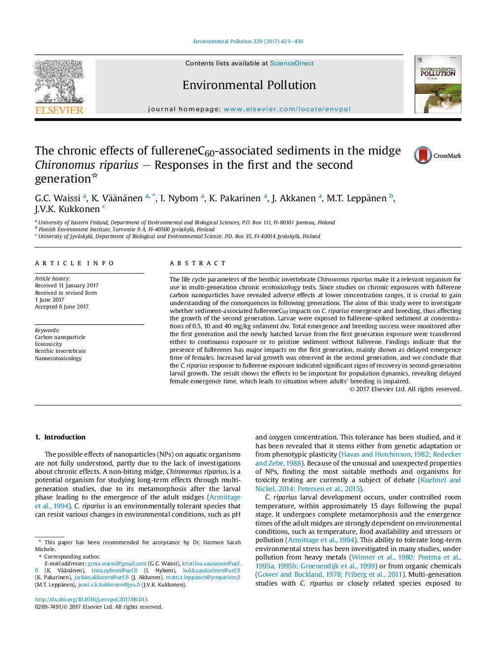 The chronic effects of fullereneC60-associated sediments in the midge Chironomus riparius - Responses in the first and the second generation