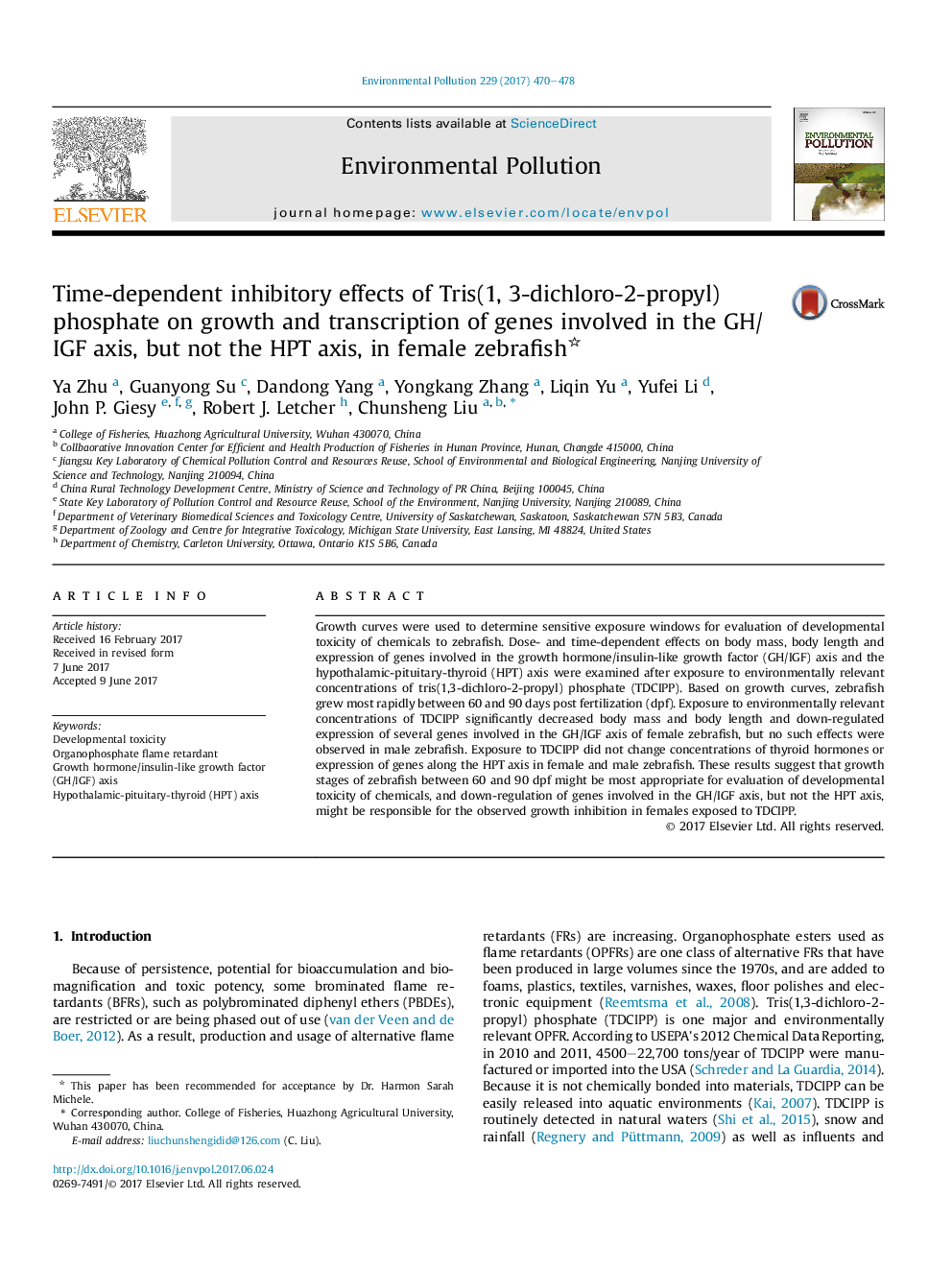 Time-dependent inhibitory effects of Tris(1, 3-dichloro-2-propyl) phosphate on growth and transcription of genes involved in the GH/IGF axis, but not the HPT axis, in female zebrafish