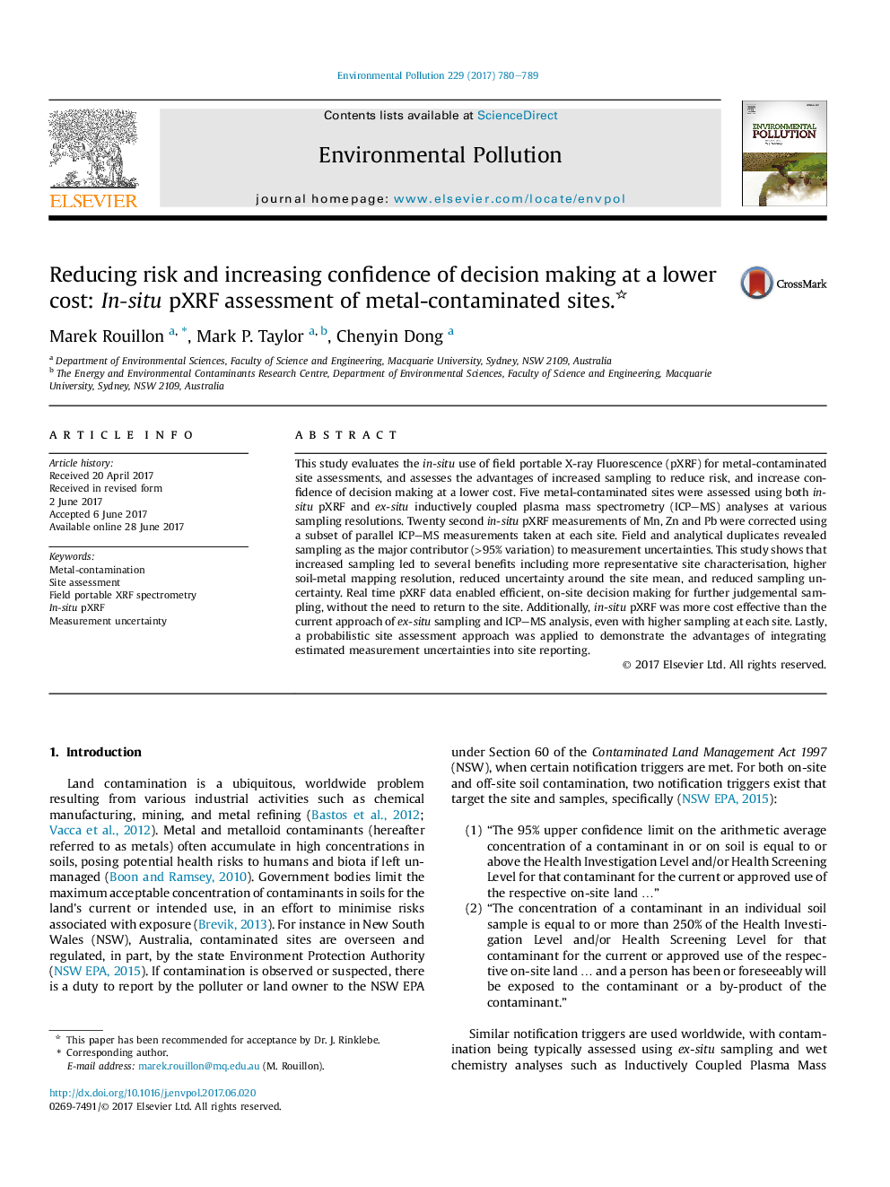 Reducing risk and increasing confidence of decision making at a lower cost: In-situ pXRF assessment of metal-contaminated sites.