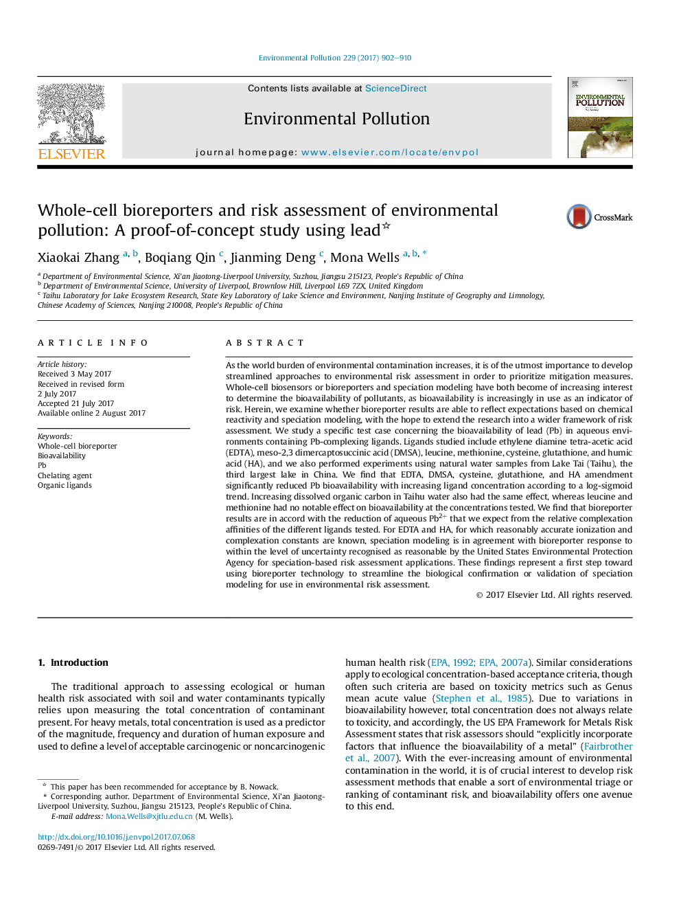 Whole-cell bioreporters and risk assessment of environmental pollution: A proof-of-concept study using lead