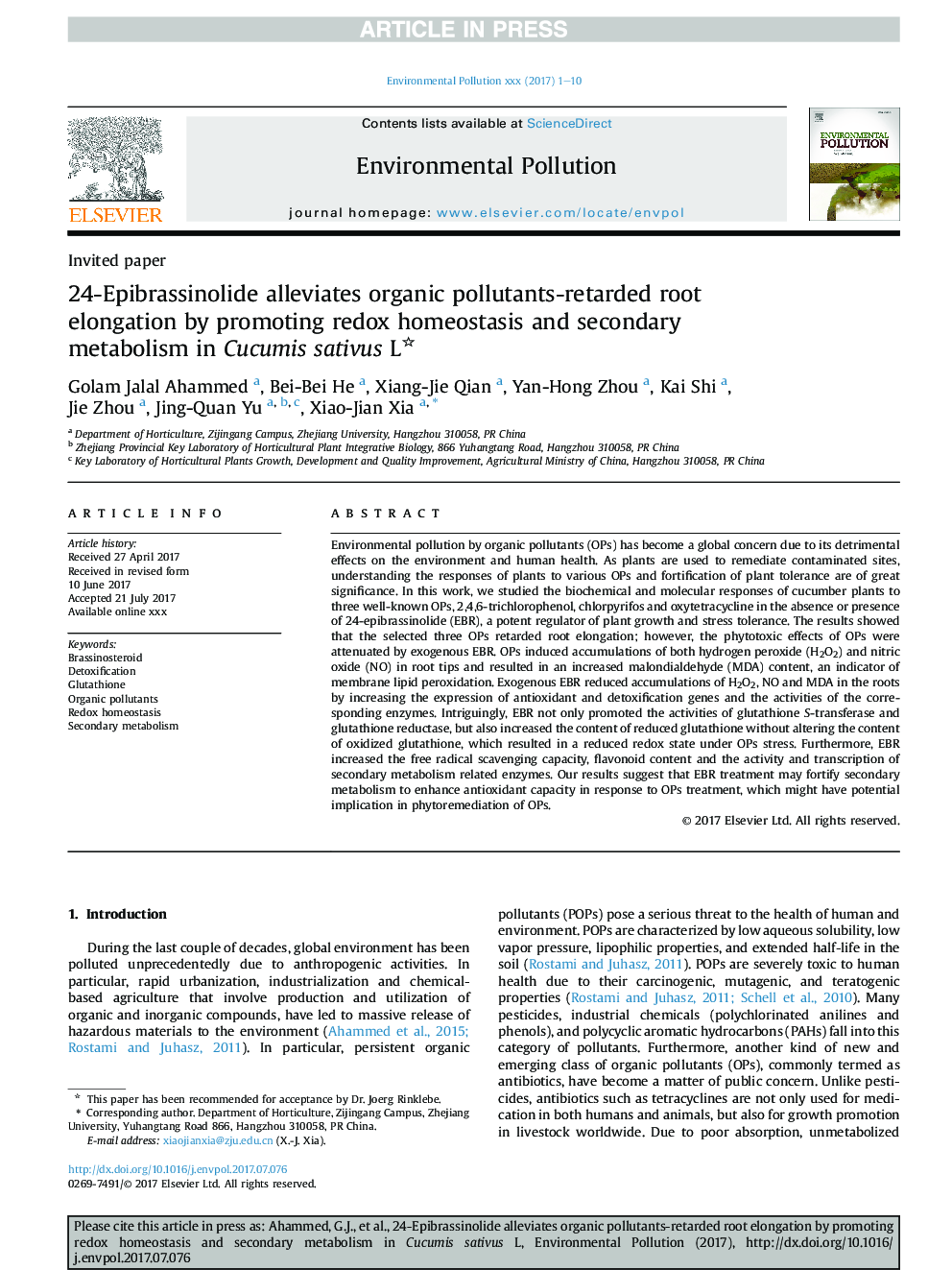 24-Epibrassinolide alleviates organic pollutants-retarded root elongation by promoting redox homeostasis and secondary metabolism in Cucumis sativus L