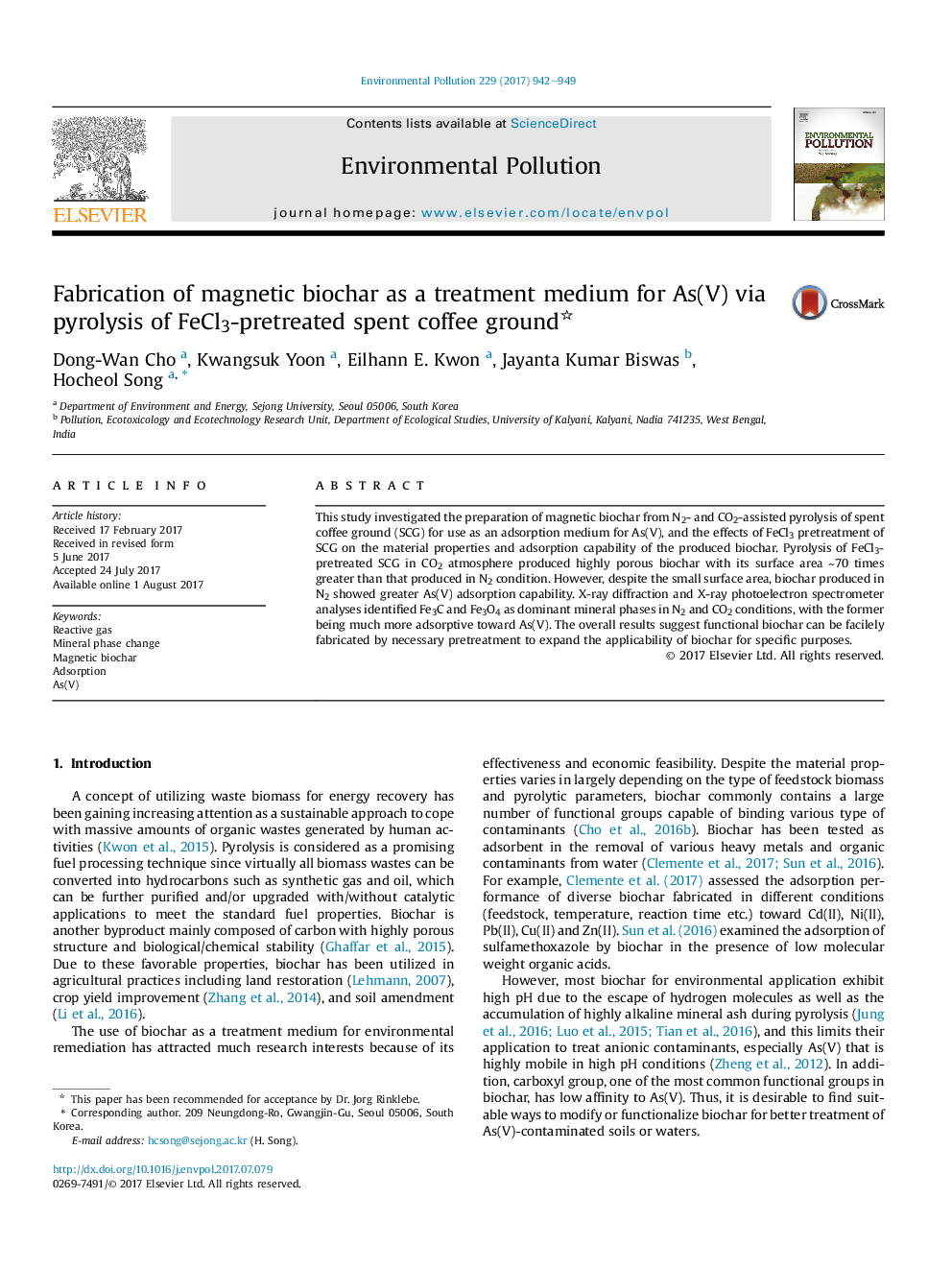 Fabrication of magnetic biochar as a treatment medium for As(V) via pyrolysis of FeCl3-pretreated spent coffee ground