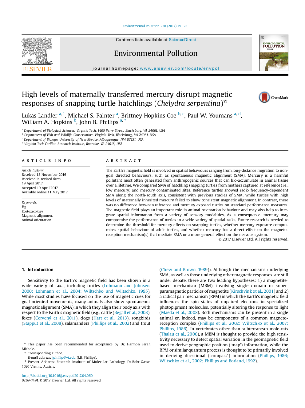 High levels of maternally transferred mercury disrupt magnetic responses of snapping turtle hatchlings (Chelydra serpentina)