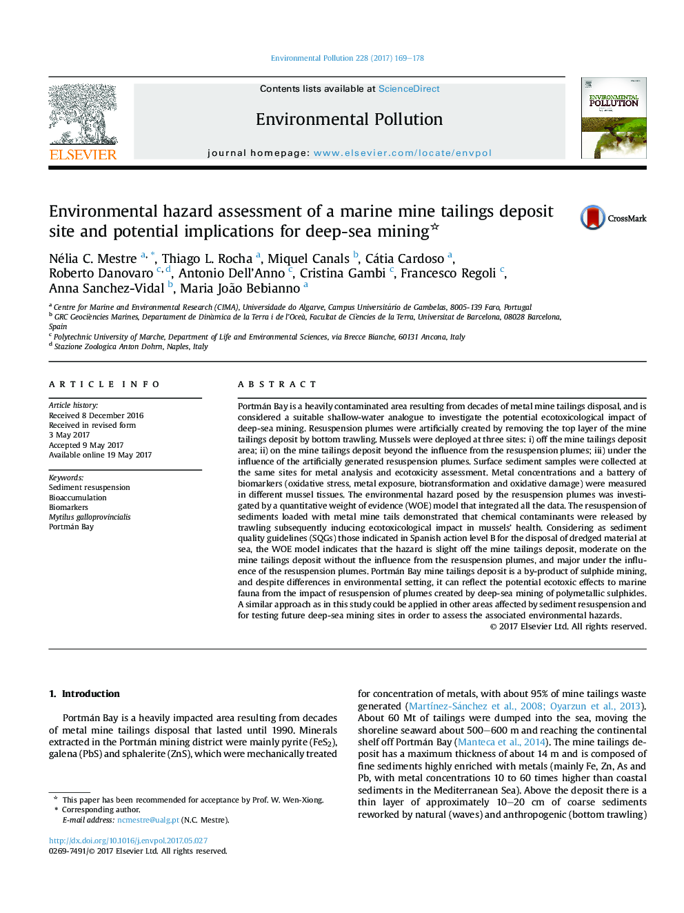 عکس صفحه اول مقاله: Environmental hazard assessment of a marine mine tailings deposit site and potential implications for deep-sea mining Environmental hazard assessment of a marine mine tailings deposit site and potential implications for deep-sea mining