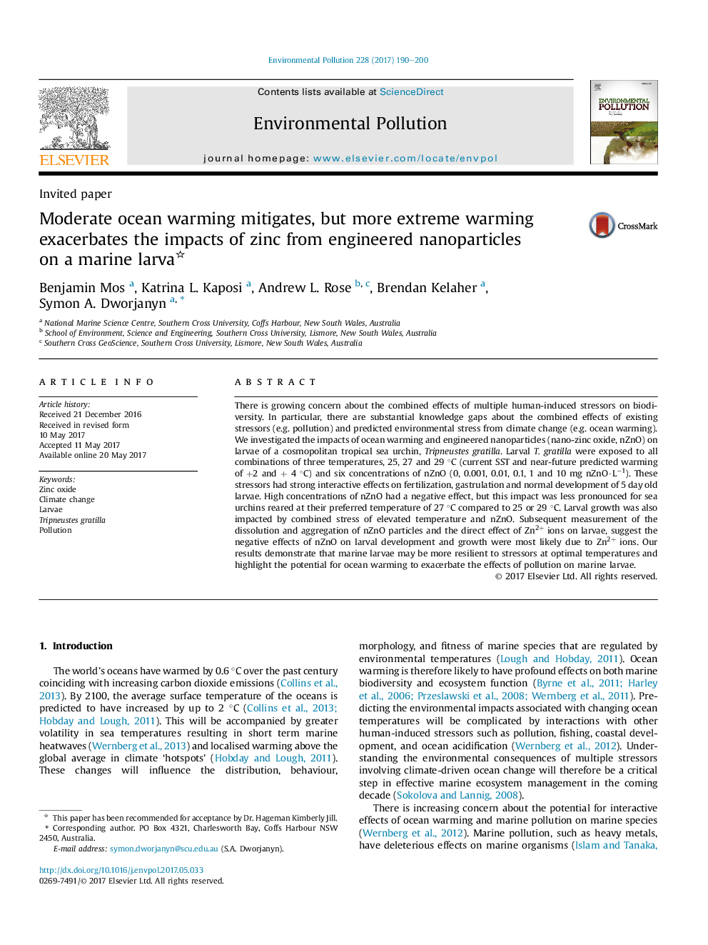 عکس صفحه اول مقاله: Invited paperModerate ocean warming mitigates, but more extreme warming exacerbates the impacts of zinc from engineered nanoparticles on a marine larva Invited paperModerate ocean warming mitigates, but more extreme warming exacerbates the impacts of zinc from engineered nanoparticles on a marine larva