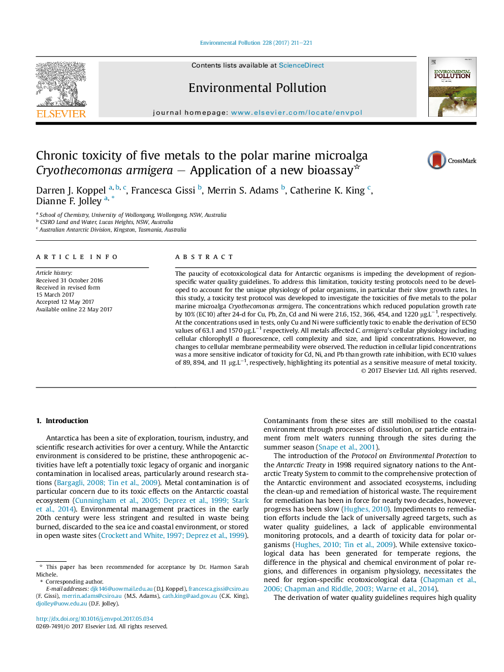 عکس صفحه اول مقاله: Chronic toxicity of five metals to the polar marine microalga Cryothecomonas armigera - Application of a new bioassay Chronic toxicity of five metals to the polar marine microalga Cryothecomonas armigera - Application of a new bioassay