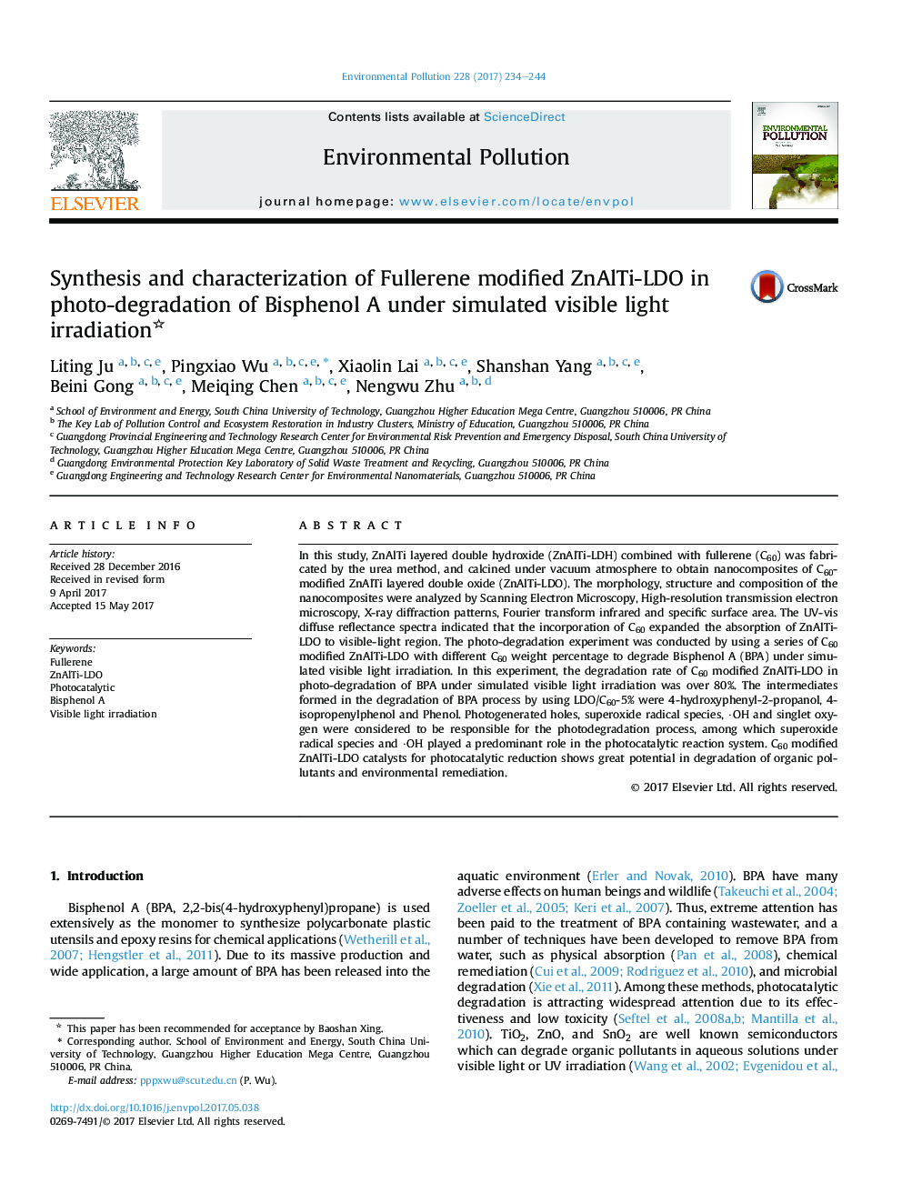 Synthesis and characterization of Fullerene modified ZnAlTi-LDO in photo-degradation of Bisphenol A under simulated visible light irradiation