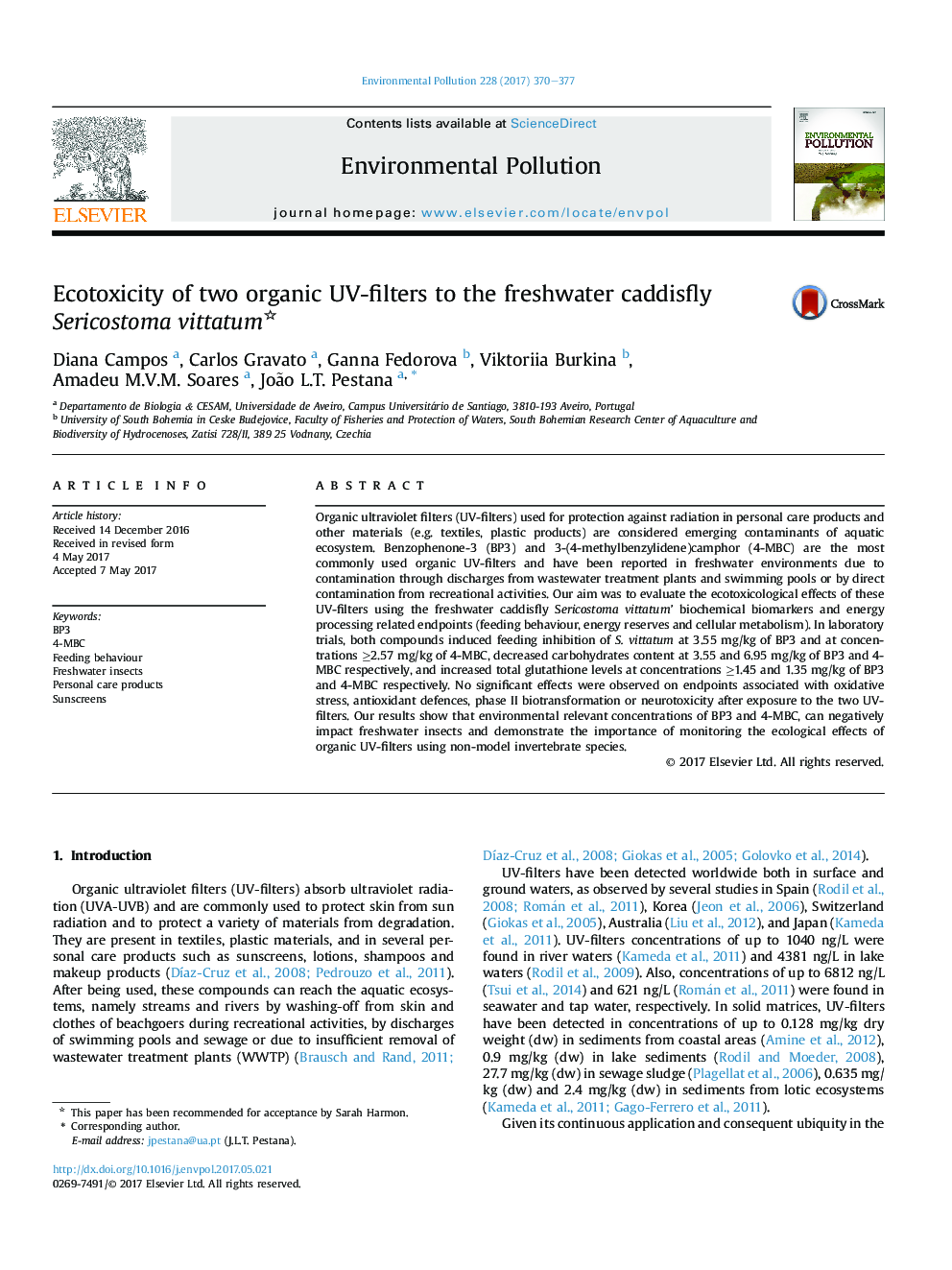 Ecotoxicity of two organic UV-filters to the freshwater caddisfly Sericostoma vittatum