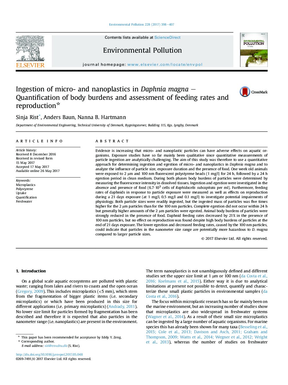 Ingestion of micro- and nanoplastics in Daphnia magna - Quantification of body burdens and assessment of feeding rates and reproduction