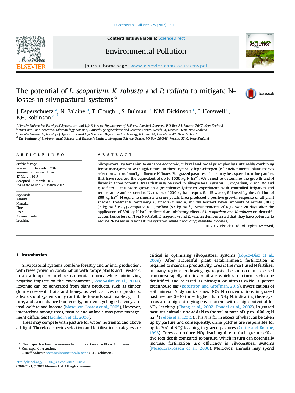 The potential of L.Â scoparium, K.Â robusta and P.Â radiata to mitigate N-losses in silvopastural systems