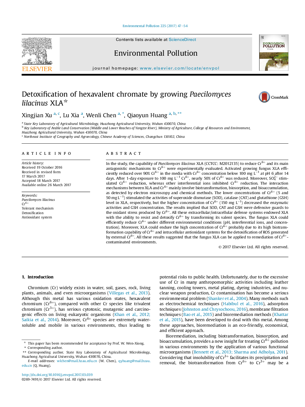 Detoxification of hexavalent chromate by growing Paecilomyces lilacinus XLA