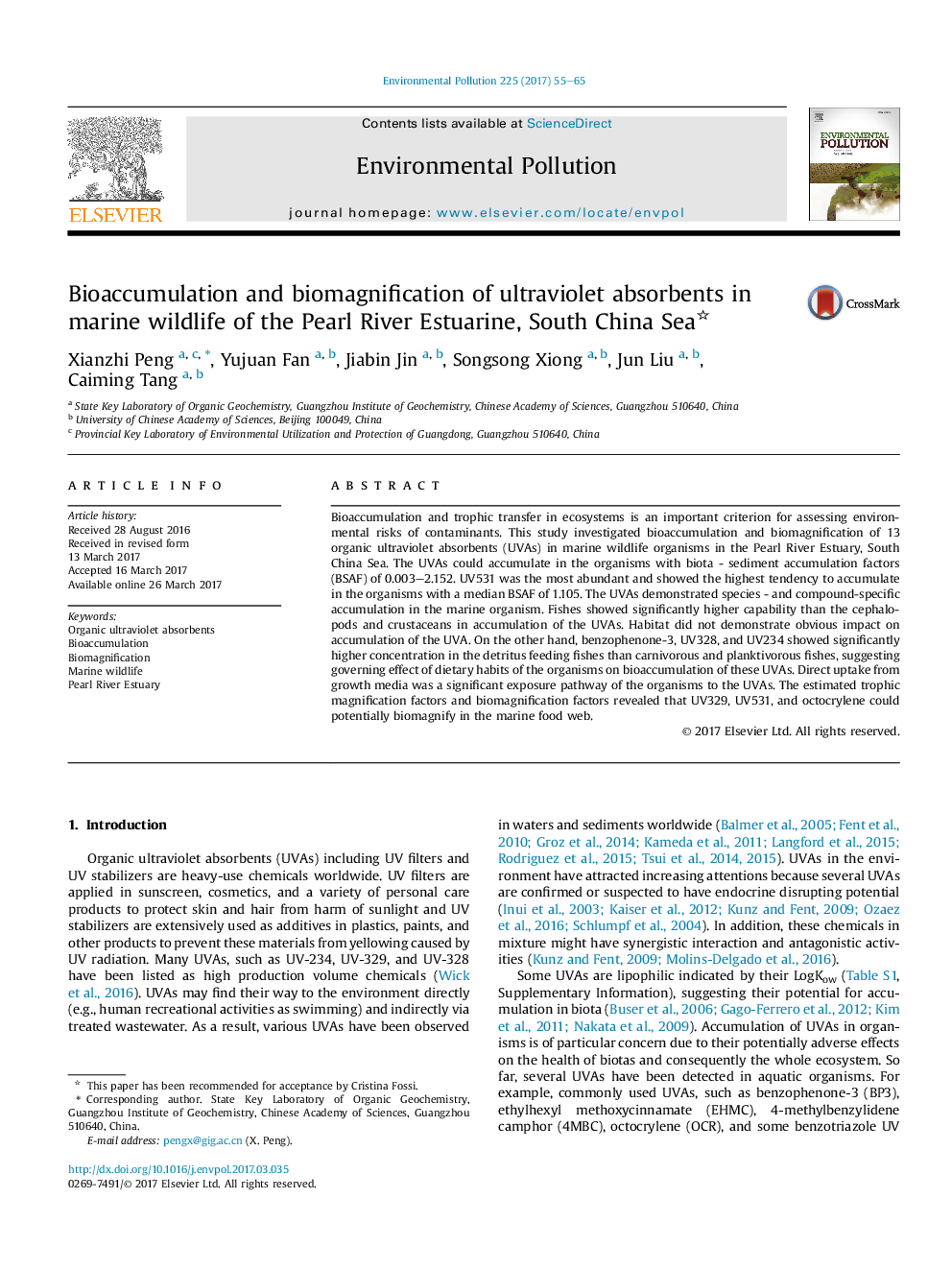 Bioaccumulation and biomagnification of ultraviolet absorbents in marine wildlife of the Pearl River Estuarine, South China Sea