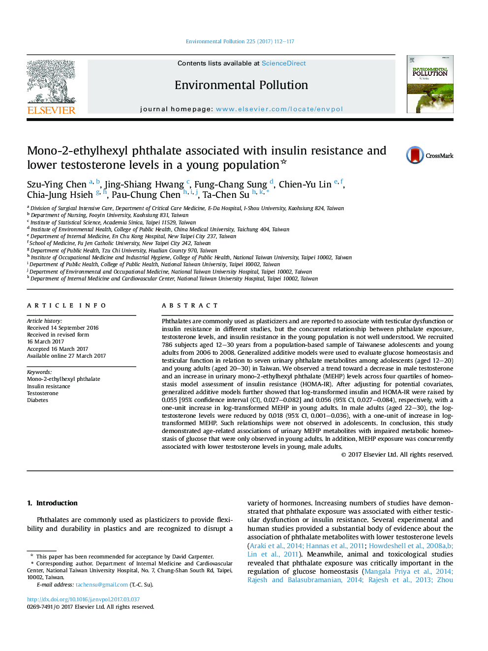 Mono-2-ethylhexyl phthalate associated with insulin resistance and lower testosterone levels in a young population