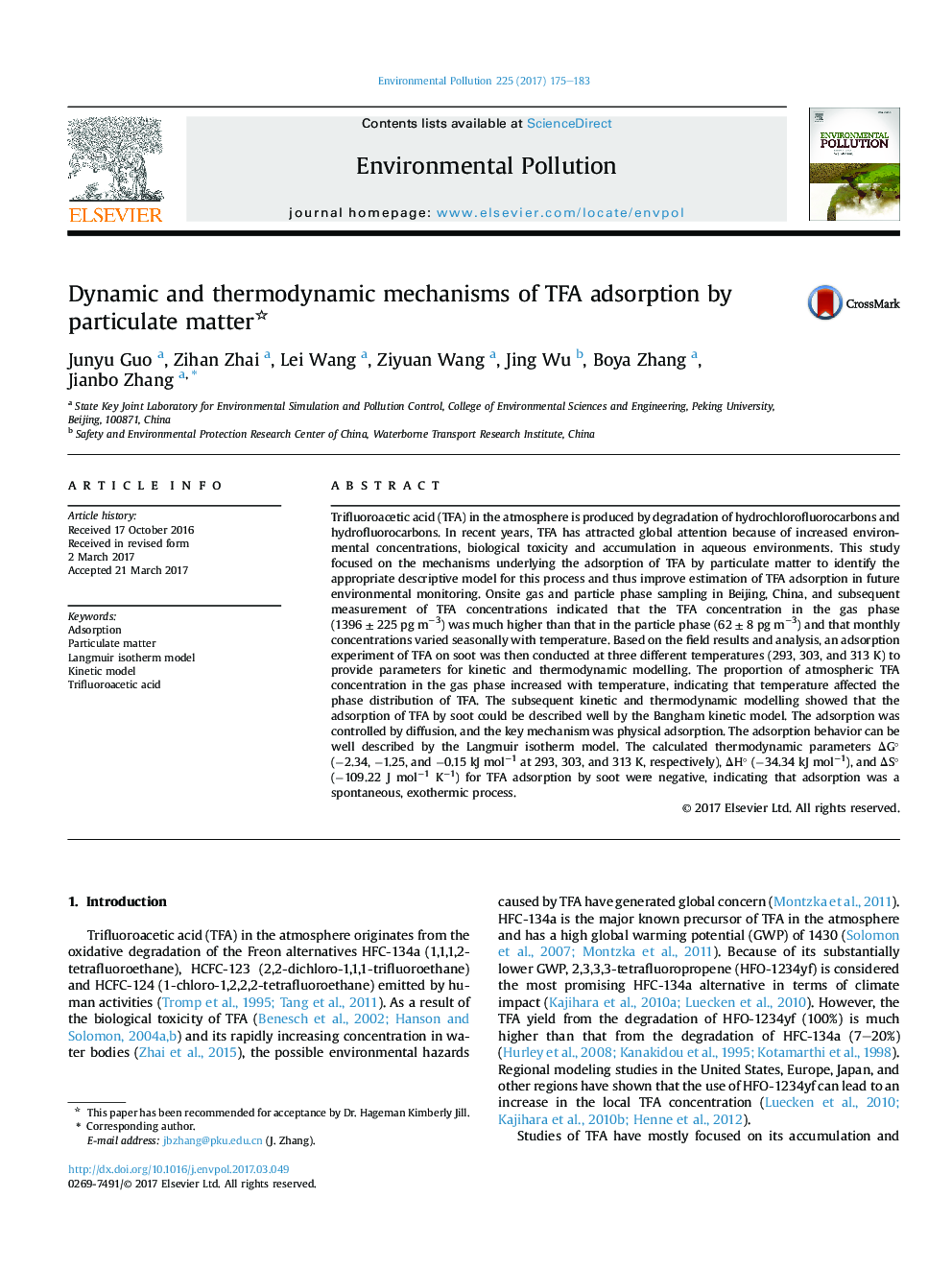 عکس صفحه اول مقاله: Dynamic and thermodynamic mechanisms of TFA adsorption by particulate matter Dynamic and thermodynamic mechanisms of TFA adsorption by particulate matter