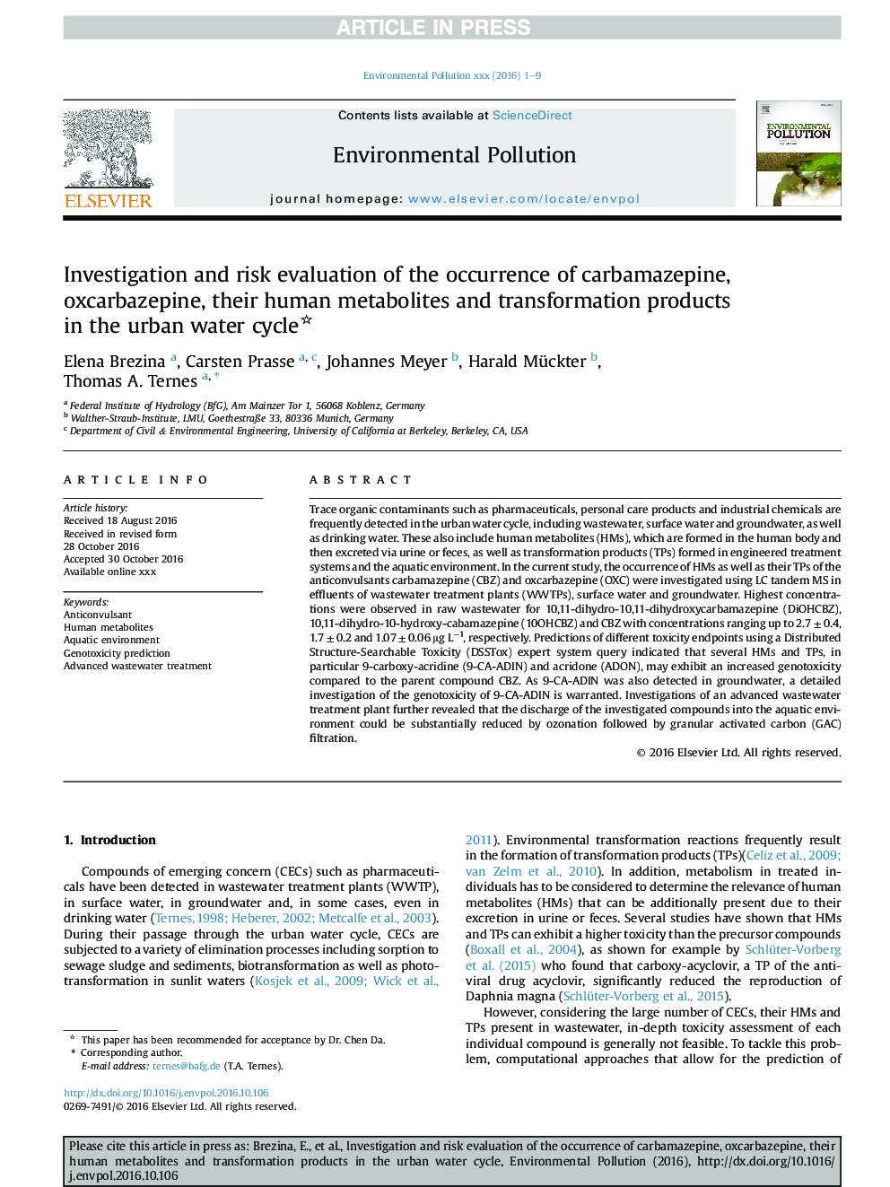 بررسی و ارزیابی خطر وقوع کاربامازپین، اکسکروبازپین، متابولیتهای انسانی و محصولات تحرک در چرخه آب شهری 