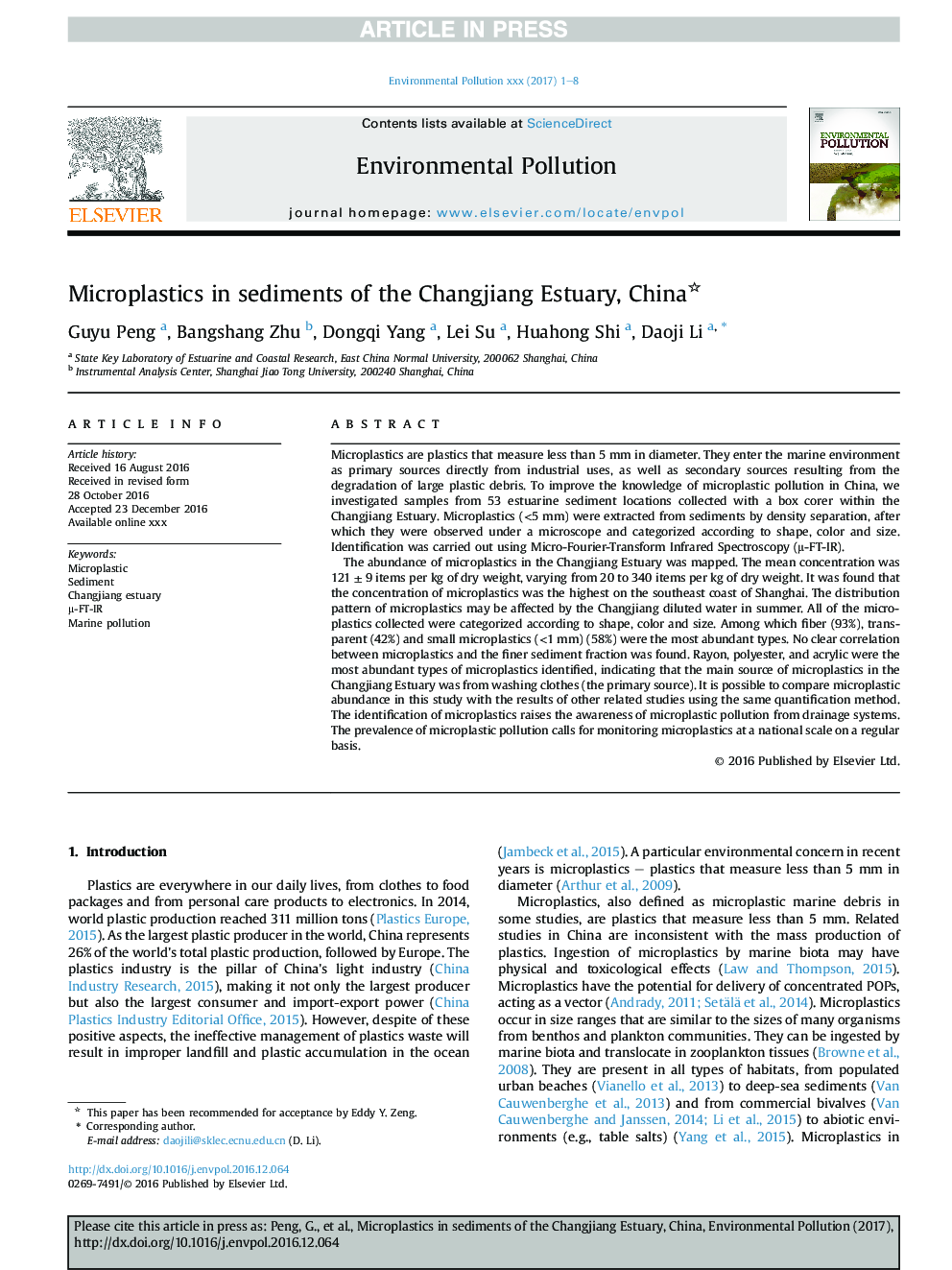 Microplastics in sediments of the Changjiang Estuary, China