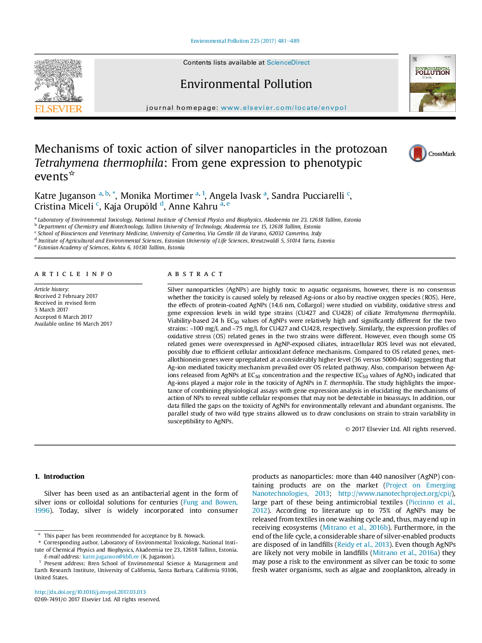 عکس صفحه اول مقاله: Mechanisms of toxic action of silver nanoparticles in the protozoan Tetrahymena thermophila: From gene expression to phenotypic events Mechanisms of toxic action of silver nanoparticles in the protozoan Tetrahymena thermophila: From gene expression to phenotypic events