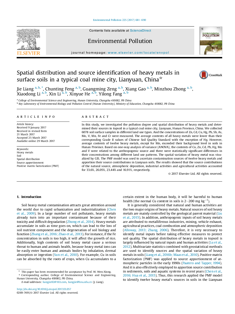 Spatial distribution and source identification of heavy metals in surface soils in a typical coal mine city, Lianyuan, China