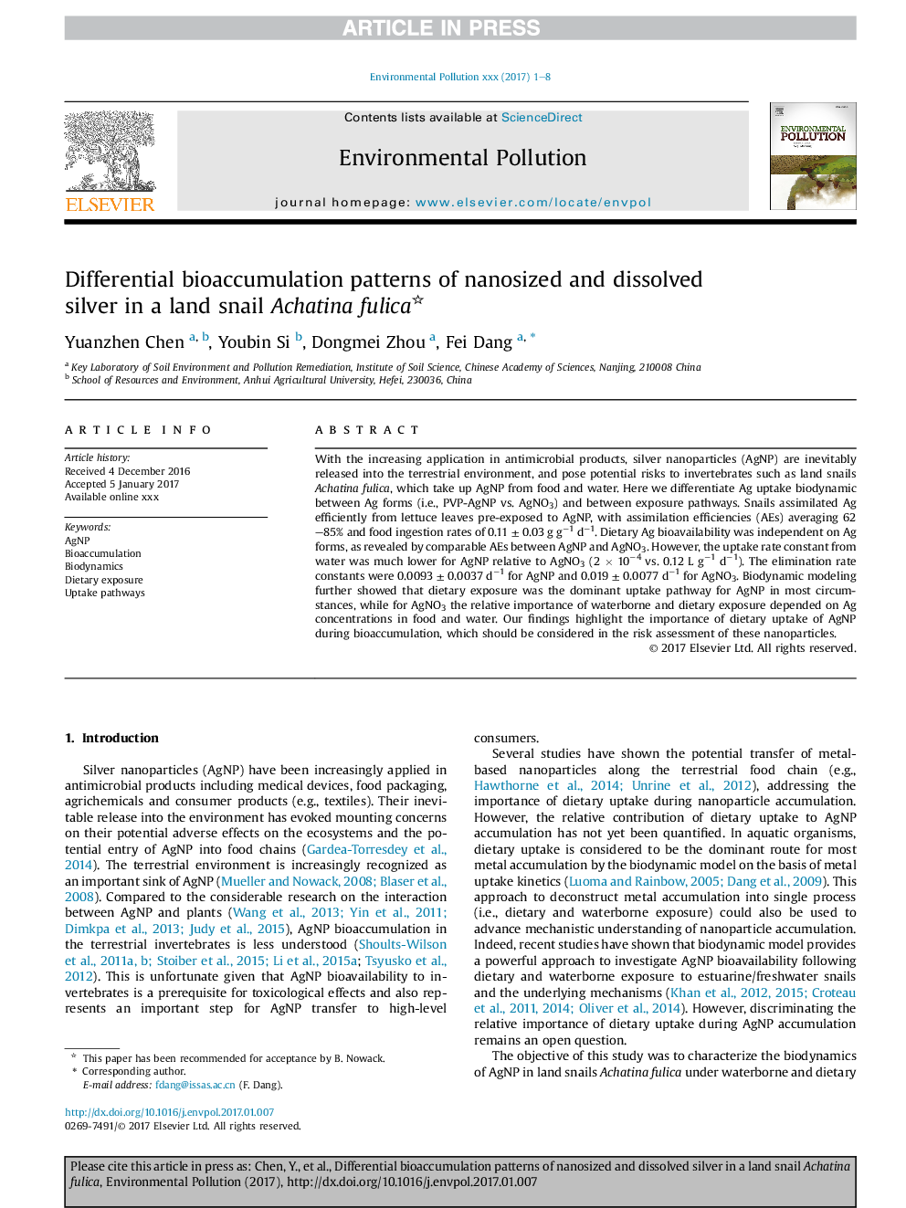 Differential bioaccumulation patterns of nanosized and dissolved silver in a land snail Achatina fulica