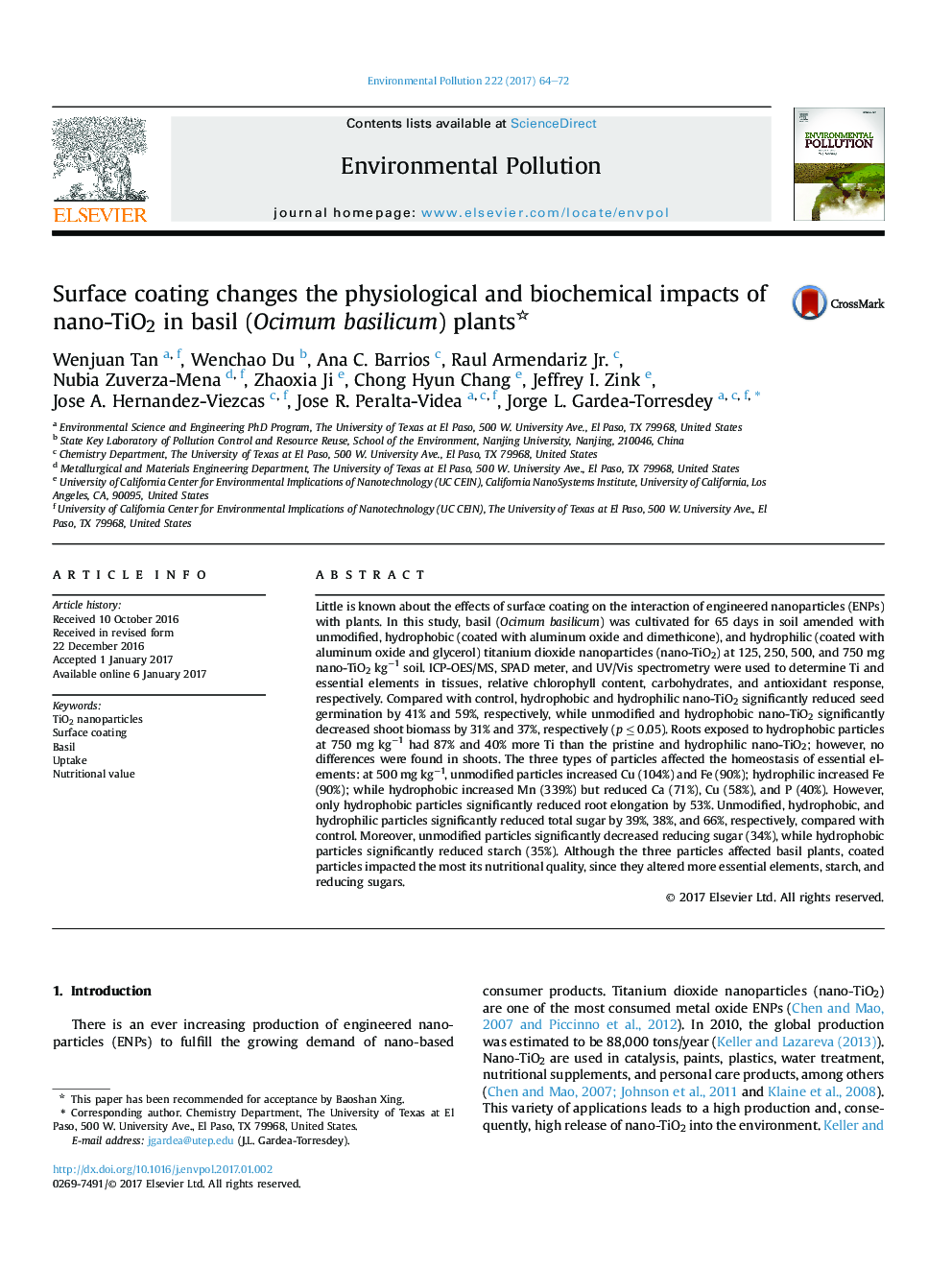 Surface coating changes the physiological and biochemical impacts of nano-TiO2 in basil (Ocimum basilicum) plants