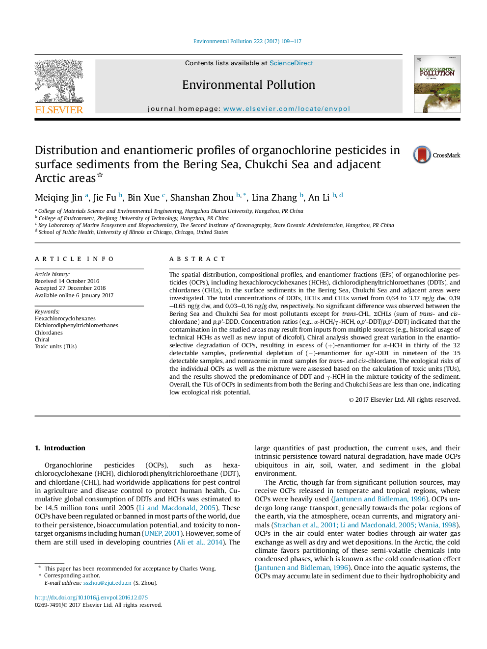 Distribution and enantiomeric profiles of organochlorine pesticides in surface sediments from the Bering Sea, Chukchi Sea and adjacent Arctic areas