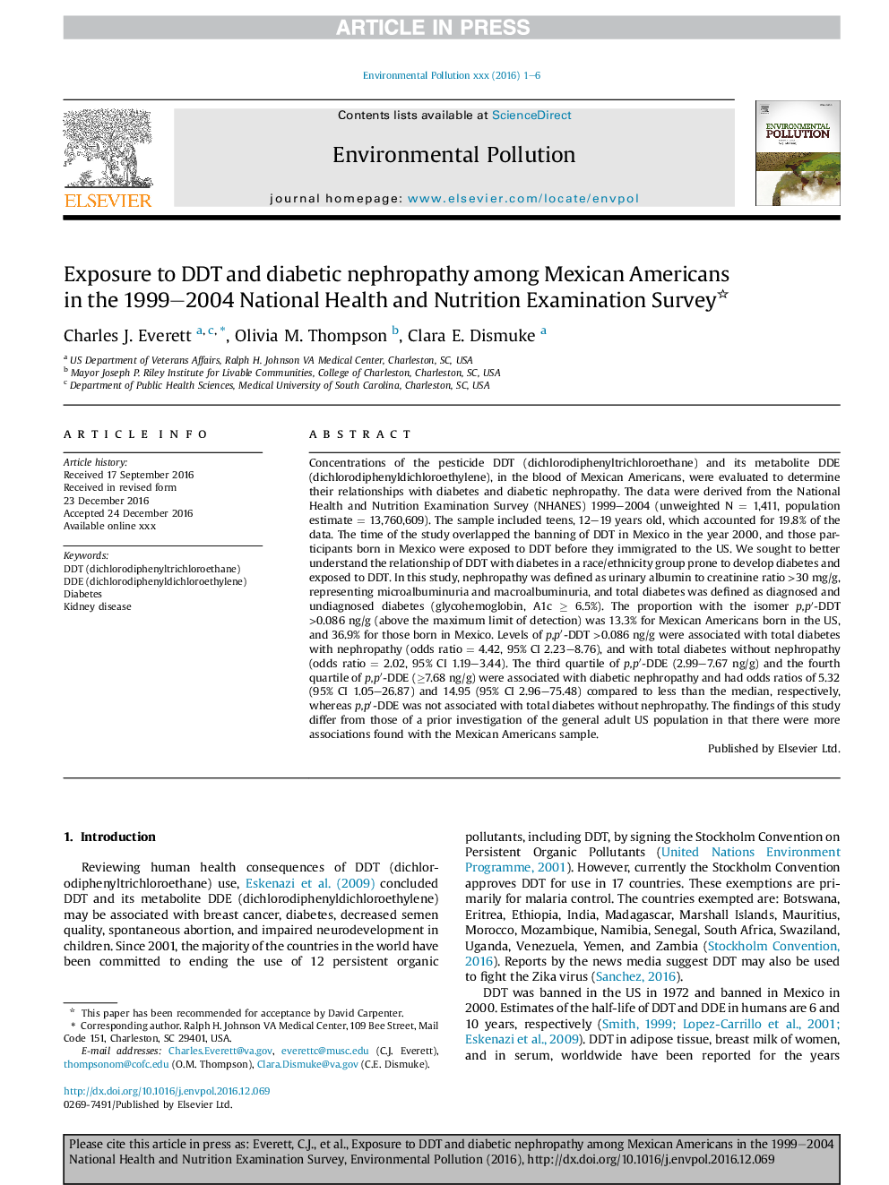 Exposure to DDT and diabetic nephropathy among Mexican Americans in the 1999-2004 National Health and Nutrition Examination Survey