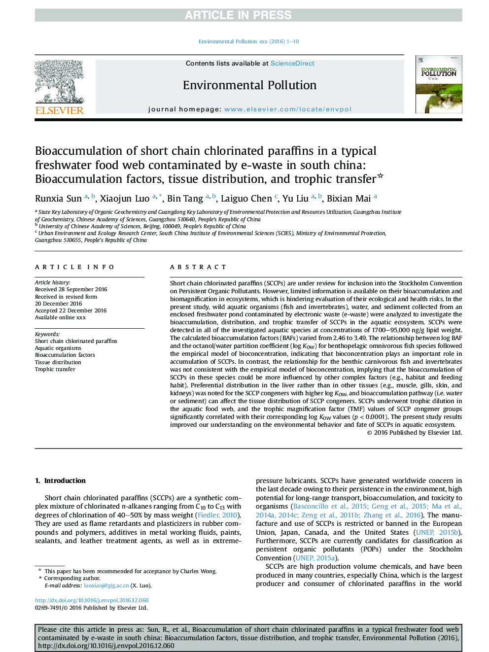 Bioaccumulation of short chain chlorinated paraffins in a typical freshwater food web contaminated by e-waste in south china: Bioaccumulation factors, tissue distribution, and trophic transfer